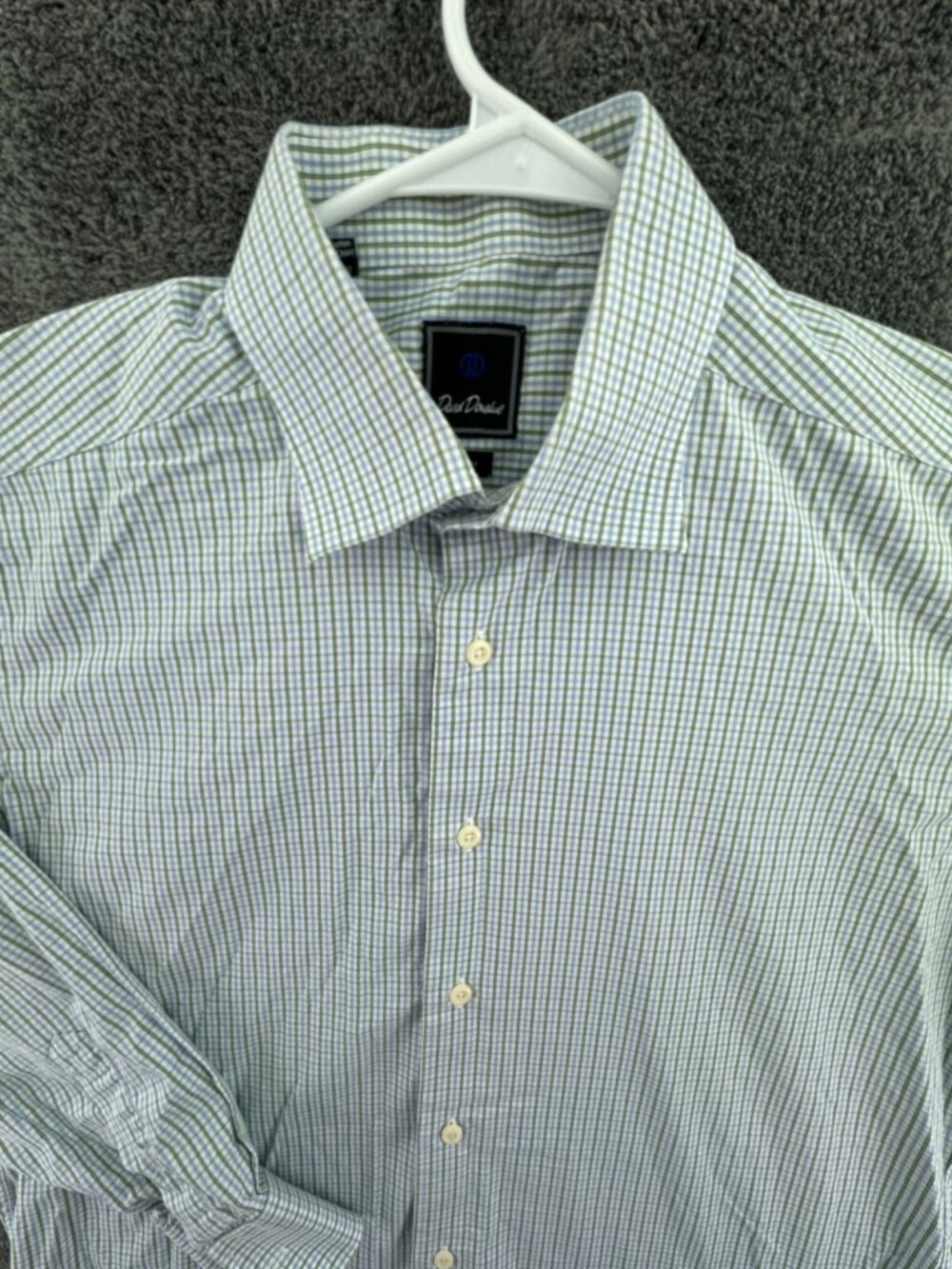 David Donahue Long Sleeve Button Up Shirt Cotton 16.5 32/33 Green Blue Trim
